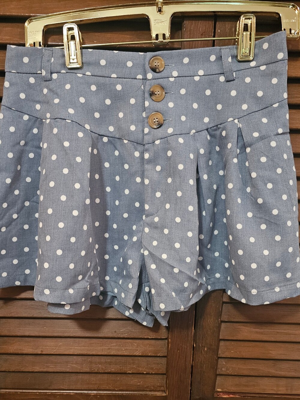 Fantastic Fawn High-Waist Blue And White Polka Dot 3 Button Front Shorts Medium